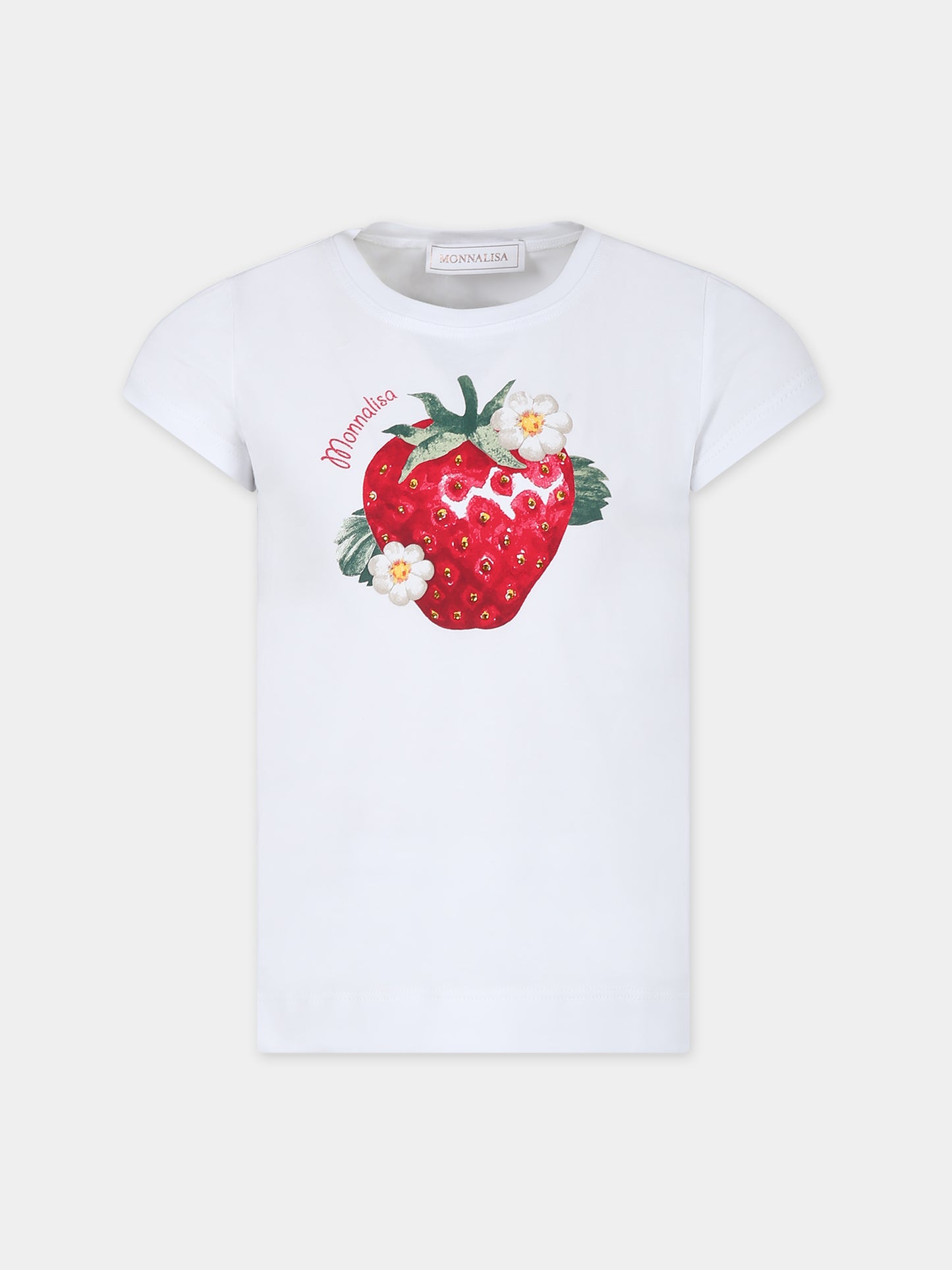 T-shirt bianca per bambina con stampa fragola,Monnalisa,11C623 3201 0099