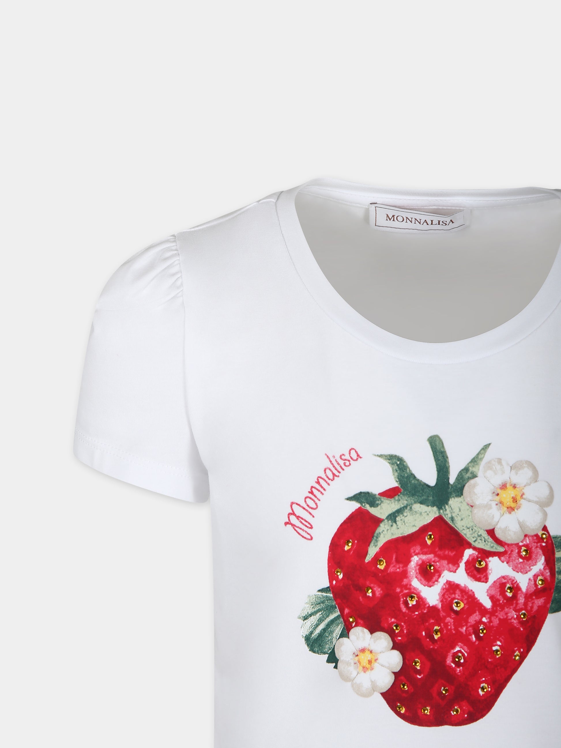 Vestito bianco per bambina con stampa fragola,Monnalisa,11C919 3201 9944