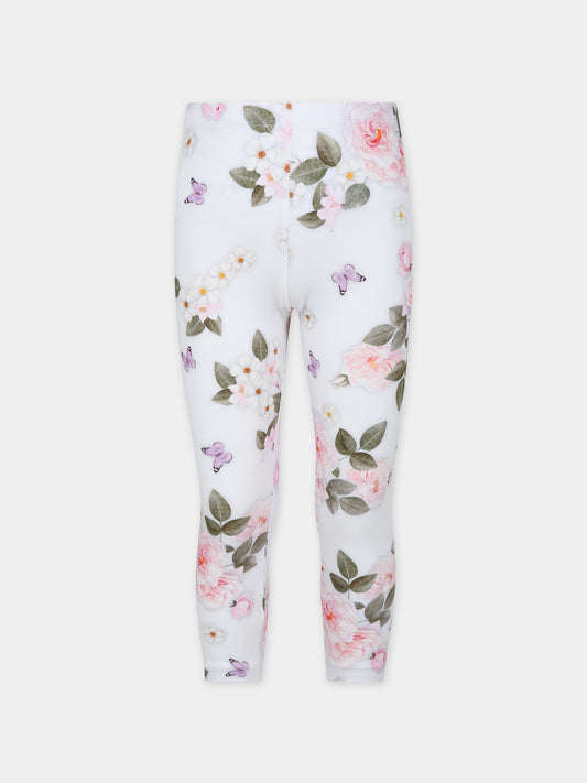 Leggings bianchi per bambina con stampa floreale,Monnalisa,11C422 3673 0099