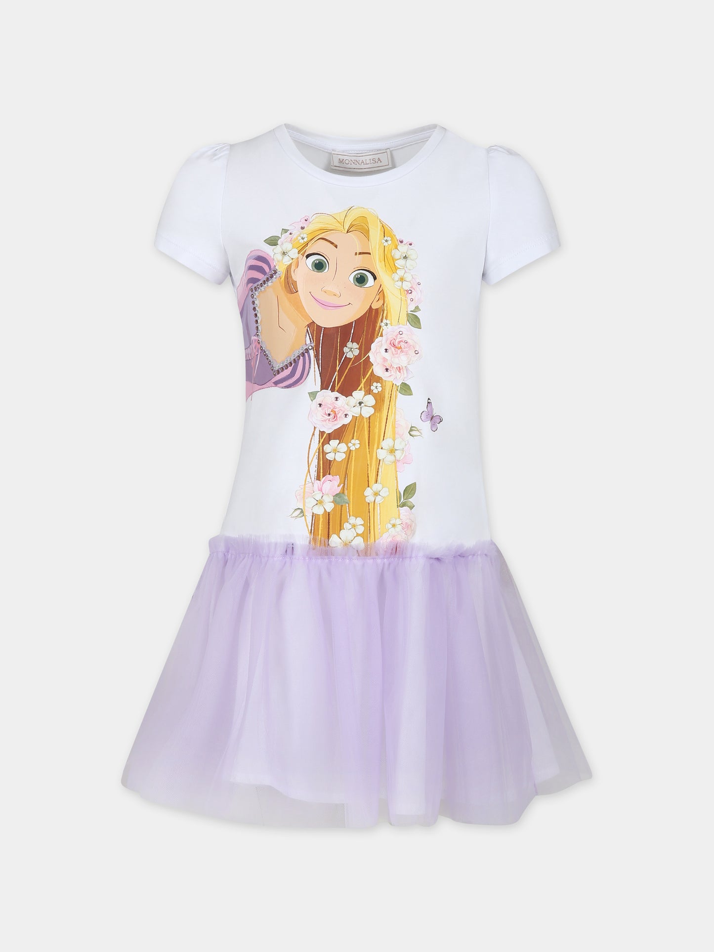 Vestito bianco per bambina con stampa Rapunzel,Monnalisa,19C921 3022 9965