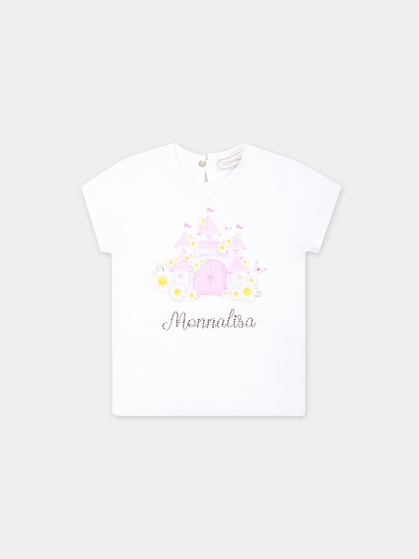 T-shirt bianca per neonata con stampa castello e logo,Monnalisa,39C614 3003 0099