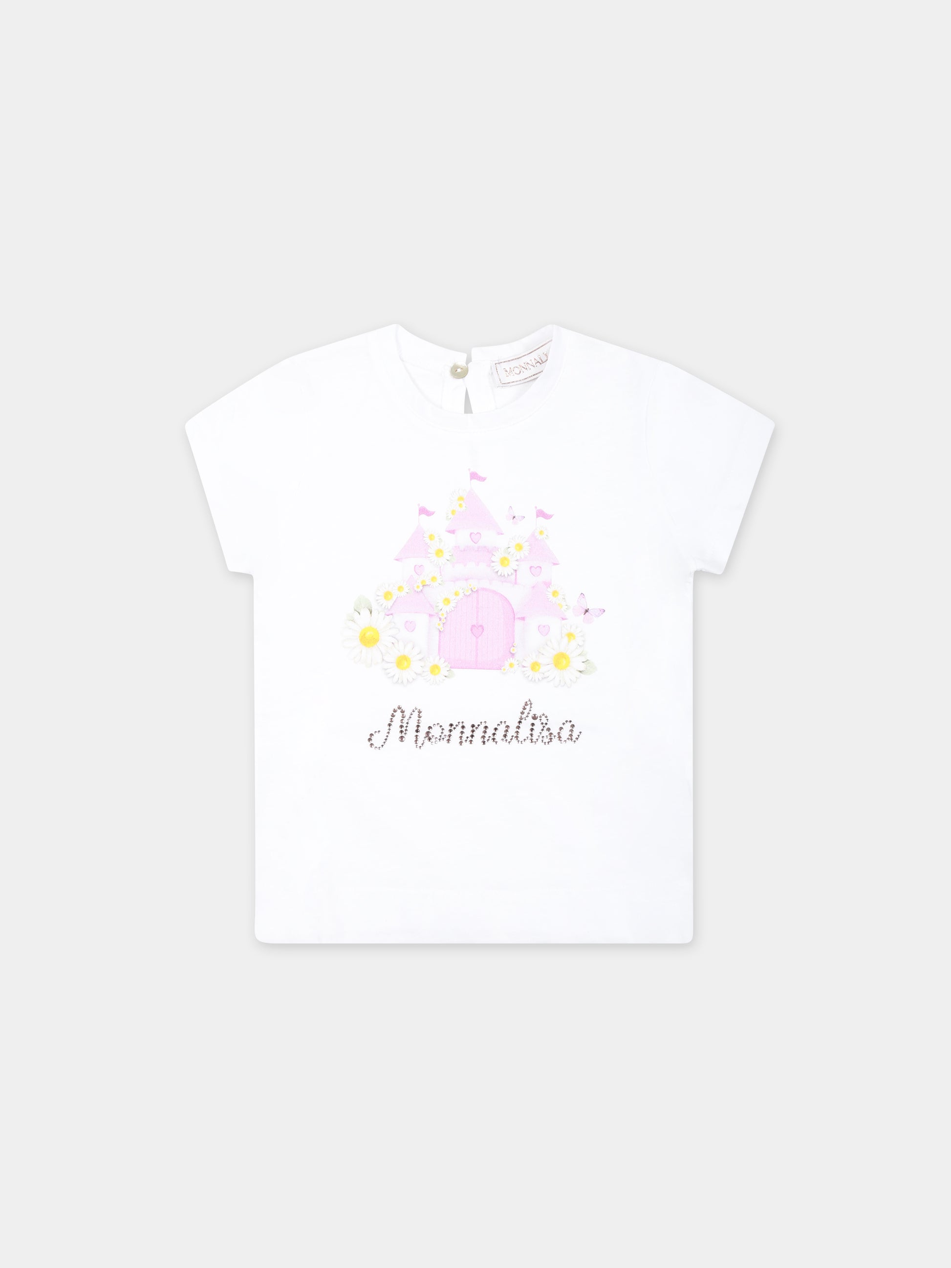 T-shirt bianca per neonata con stampa castello e logo,Monnalisa,39C614 3003 0099