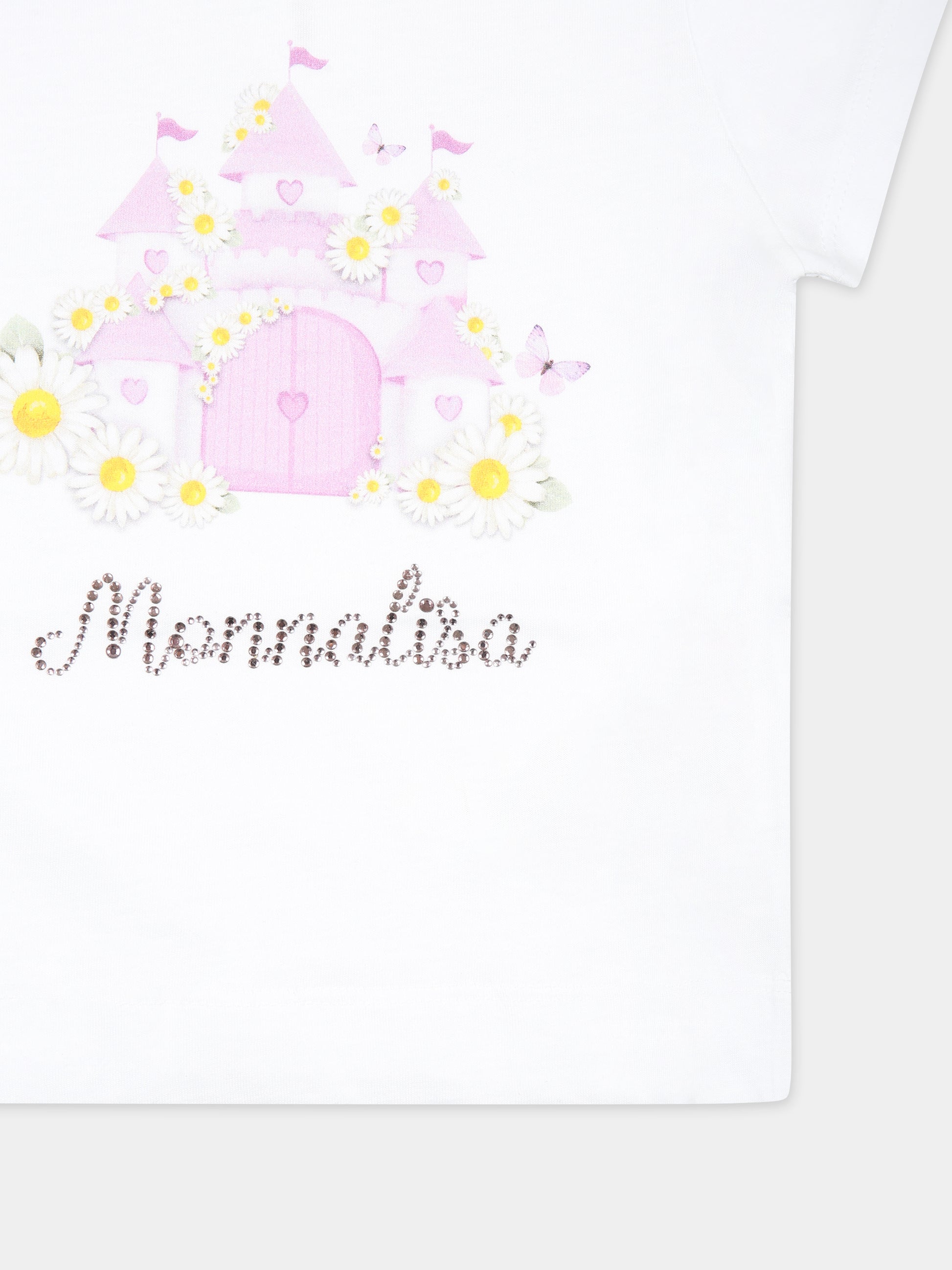 T-shirt bianca per neonata con stampa castello e logo,Monnalisa,39C614 3003 0099