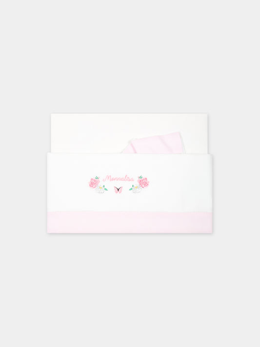 Set lenzuola bianche per neonata con fiori e logo,Monnalisa,35C004 3059 9990