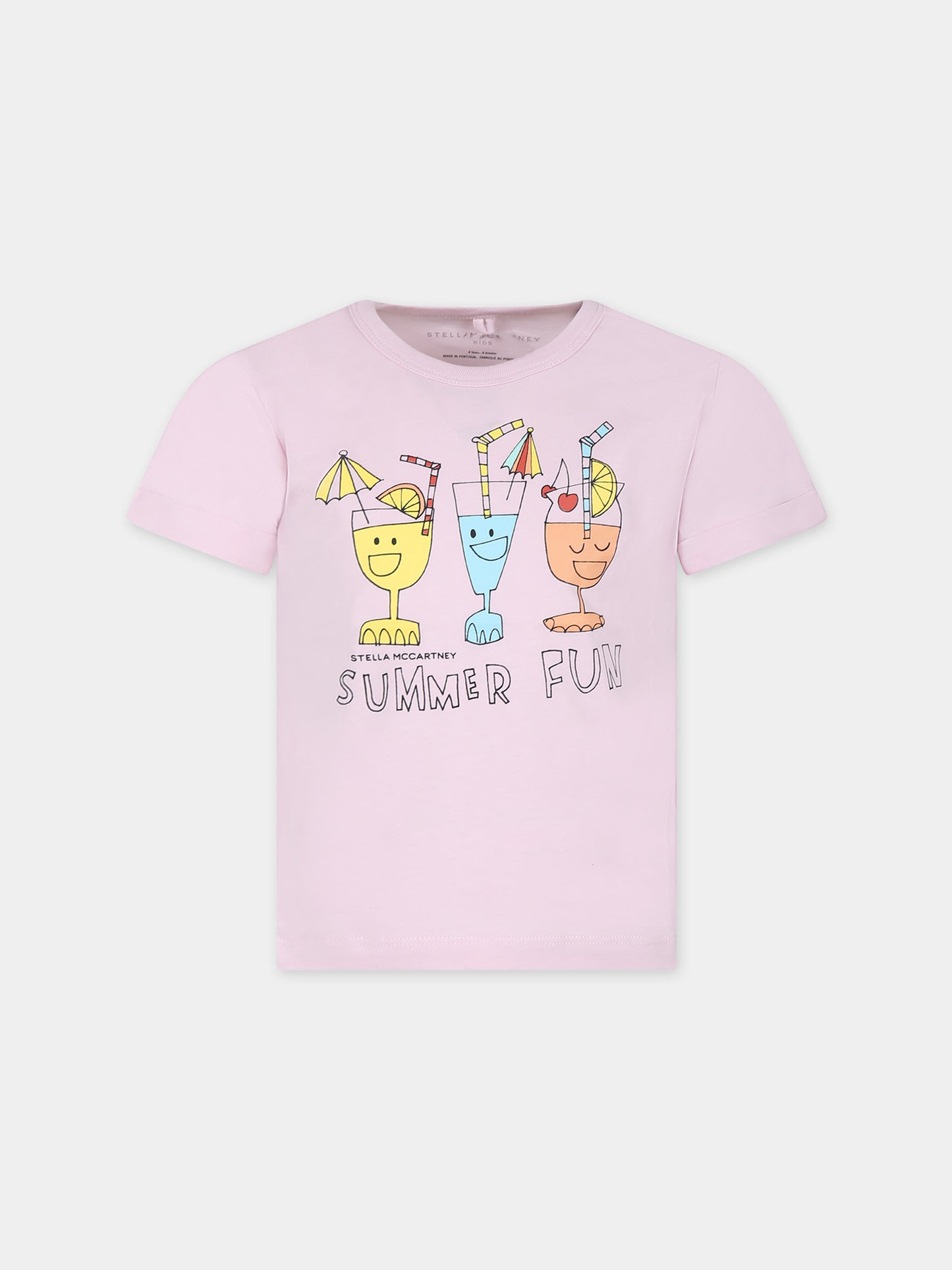 T-shirt rosa per bambina con stampa cocktail e scritta,Stella Mccartney Kids,TU8D21 Z0434 50H