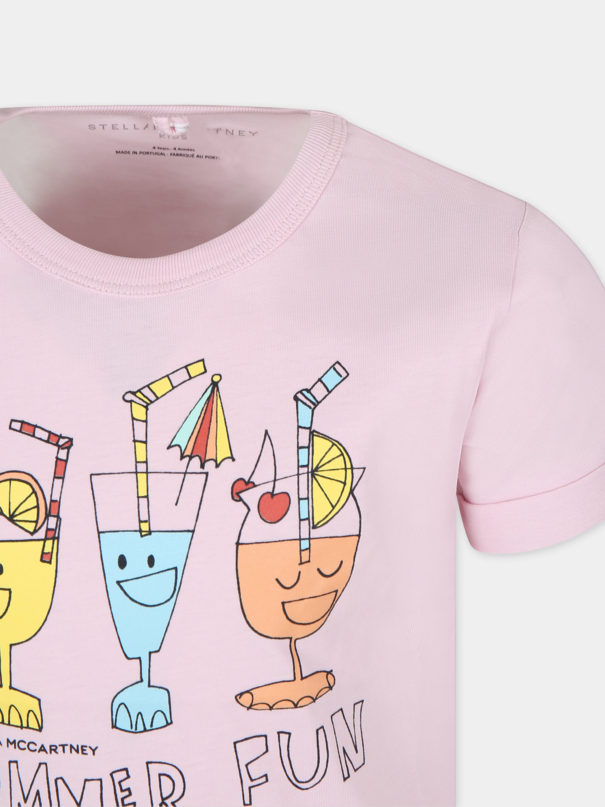 T-shirt rosa per bambina con stampa cocktail e scritta,Stella Mccartney Kids,TU8D21 Z0434 50H