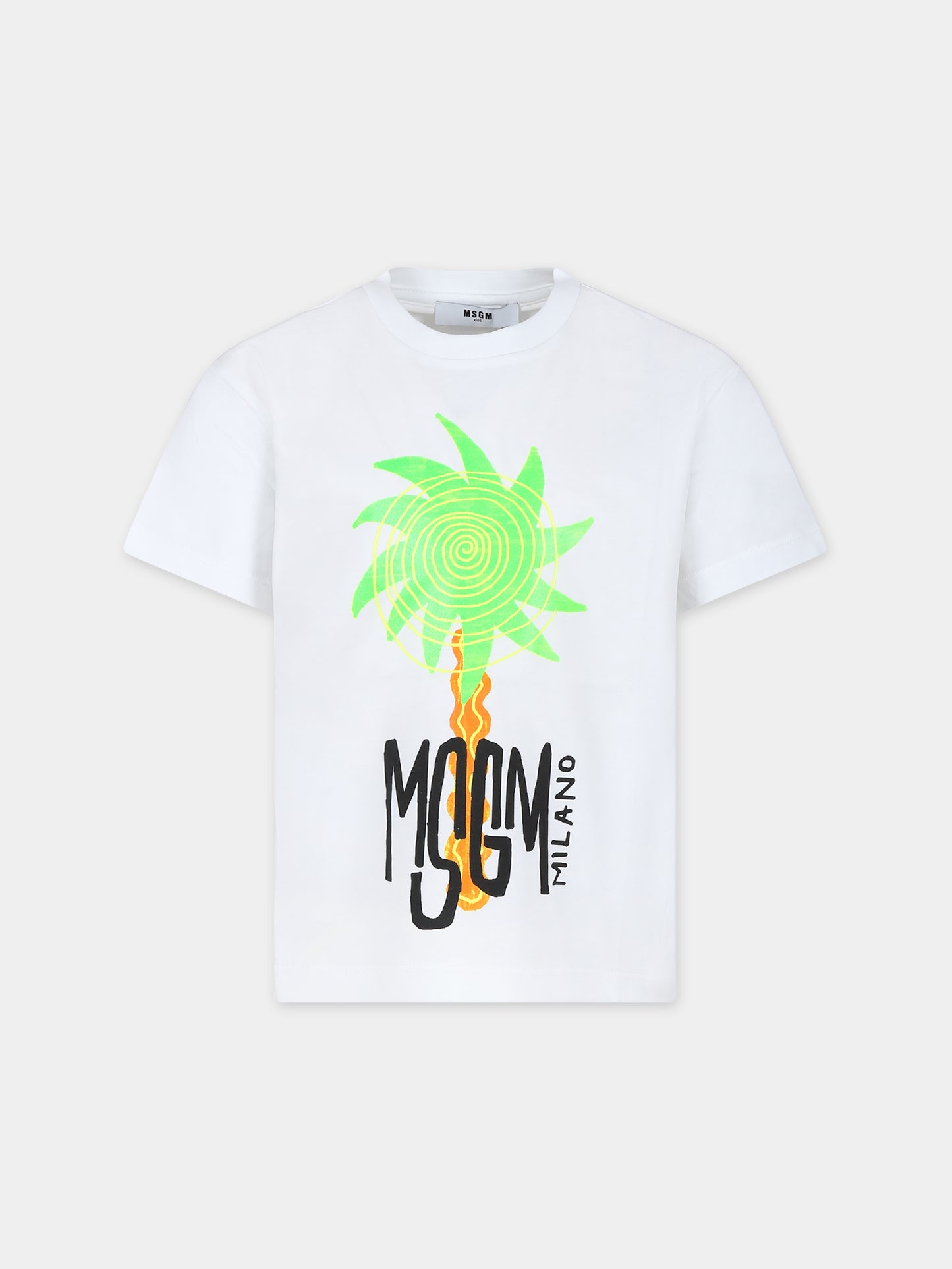 T-shirt bianca per bambino con stampa palma e logo,Msgm Kids,S4MSJBTH225 001