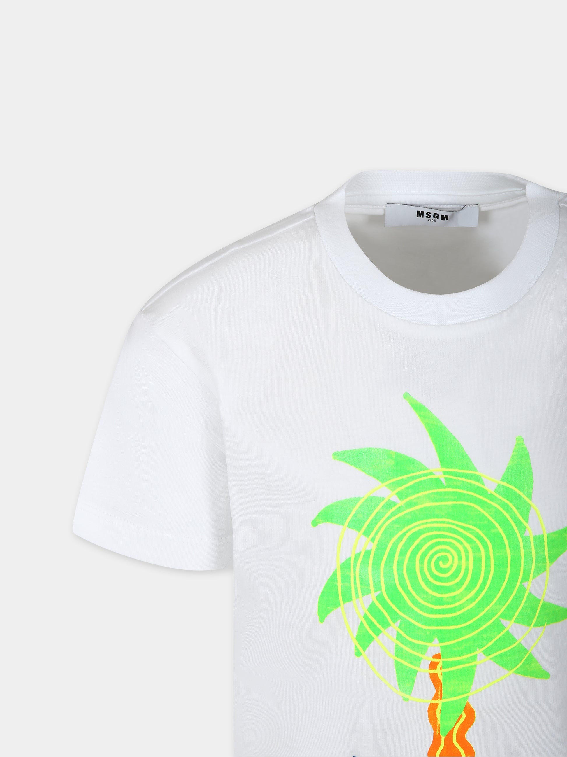 T-shirt bianca per bambino con stampa palma e logo,Msgm Kids,S4MSJBTH225 001