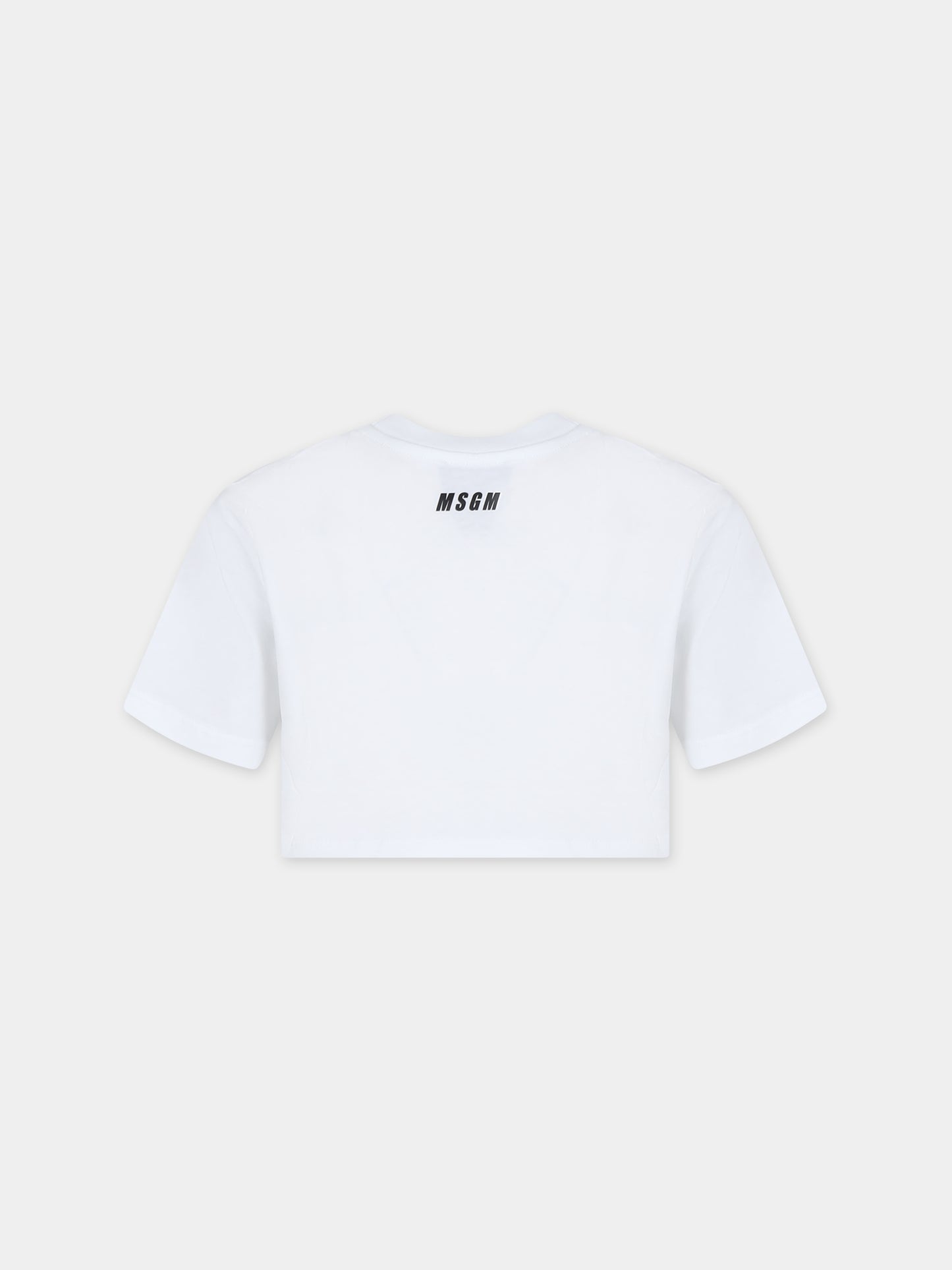 T-shirt crop bianca per bambina con stampa gatto e logo,Msgm Kids,S4MSJGTH121 001