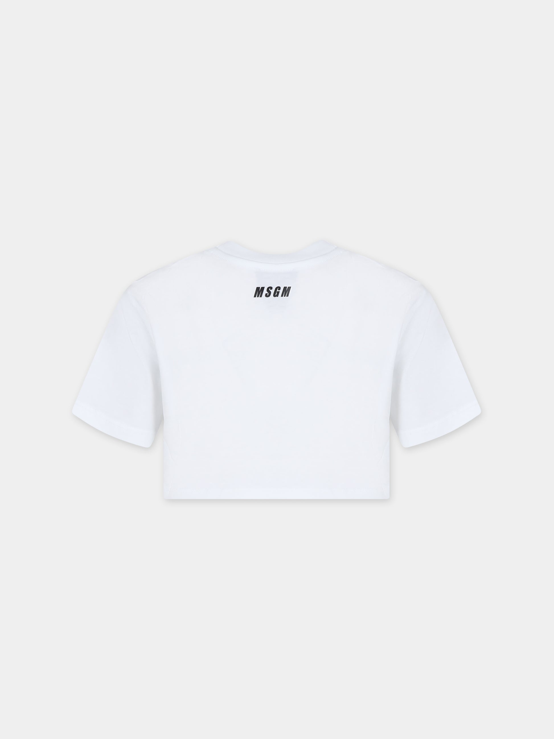 T-shirt crop bianca per bambina con stampa gatto e logo,Msgm Kids,S4MSJGTH121 001
