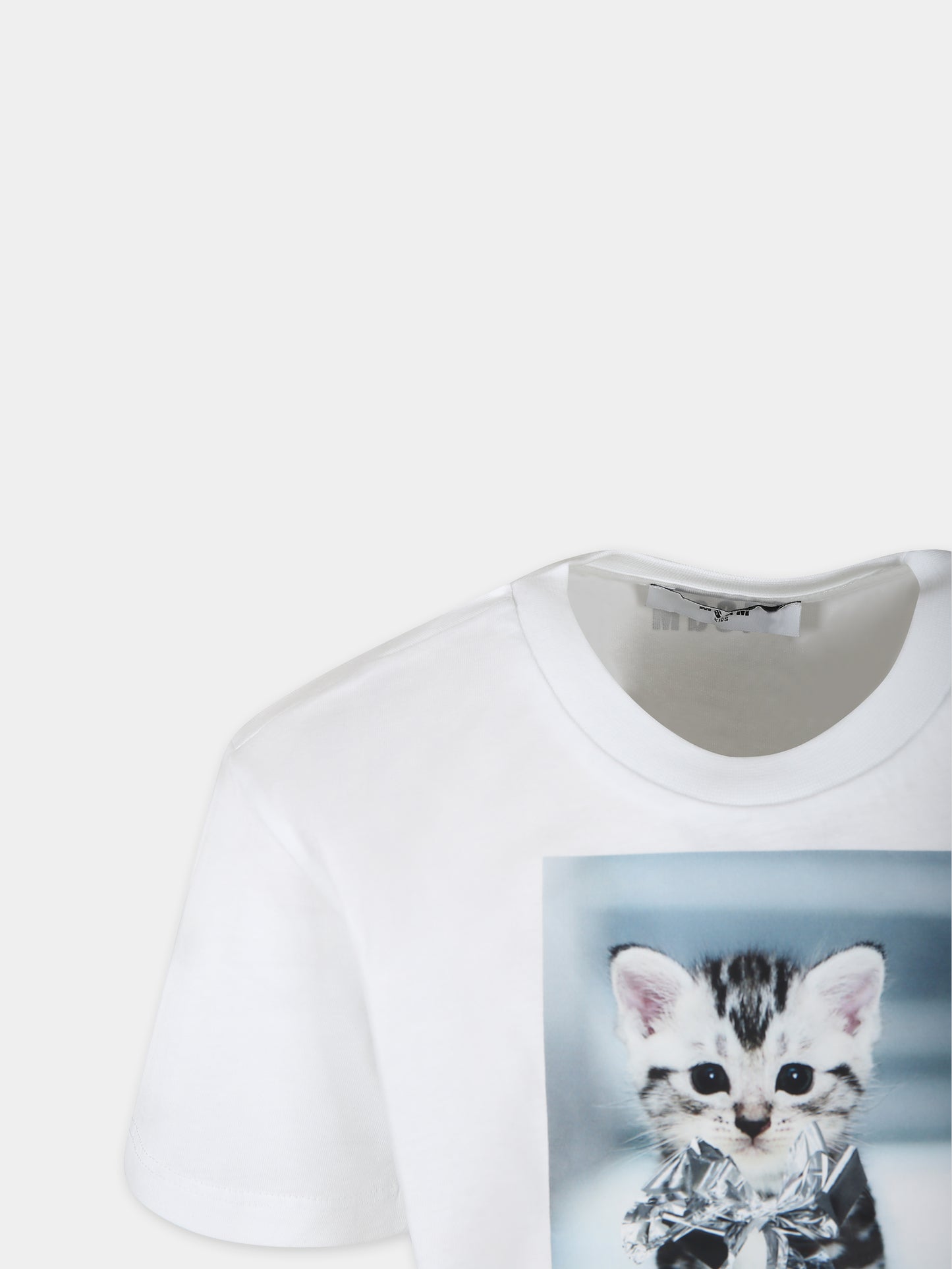 T-shirt crop bianca per bambina con stampa gatto e logo,Msgm Kids,S4MSJGTH121 001