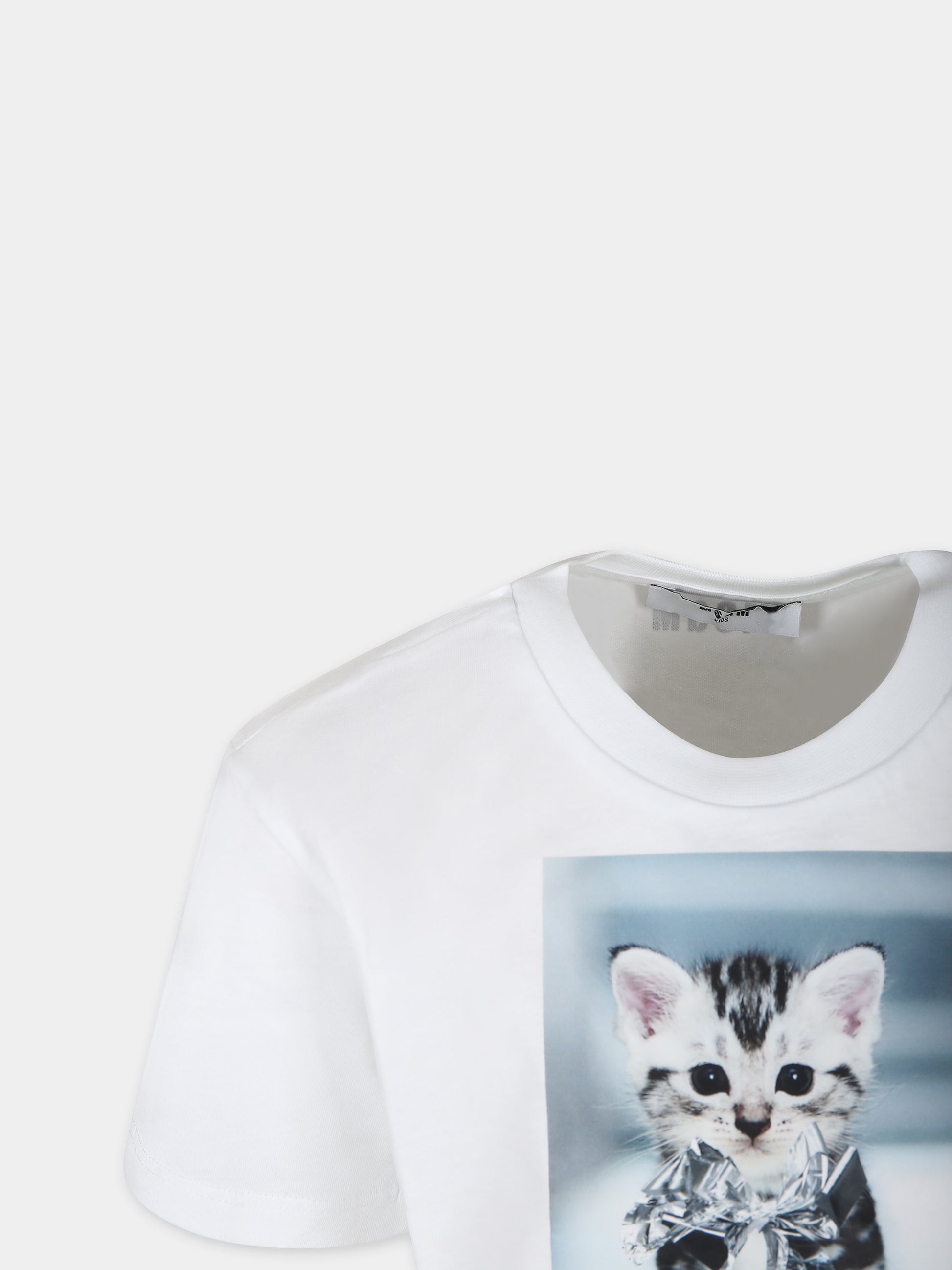 T-shirt crop bianca per bambina con stampa gatto e logo,Msgm Kids,S4MSJGTH121 001