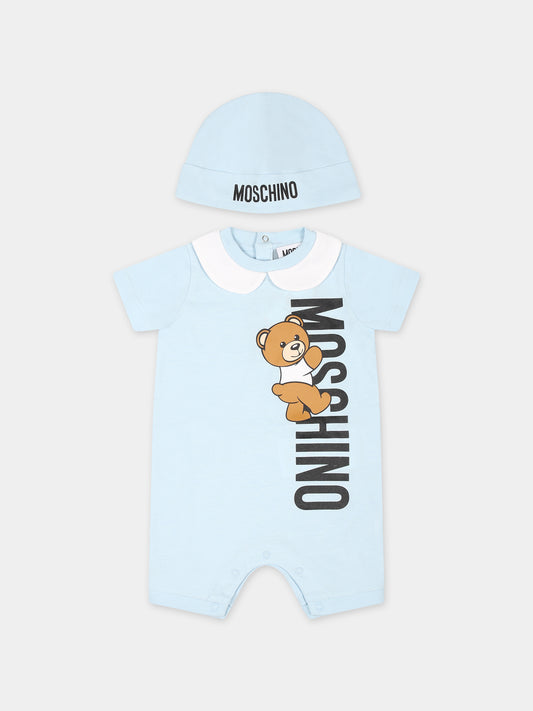 Set celeste per neonato con Teddy Bear e logo,Moschino Kids,MUY068 LAA17 40304