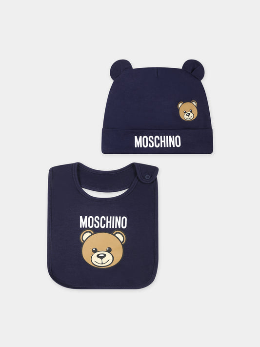 Set blu per neonato con Teddy Bear e logo,Moschino Kids,MUY06Q LCA19 40016