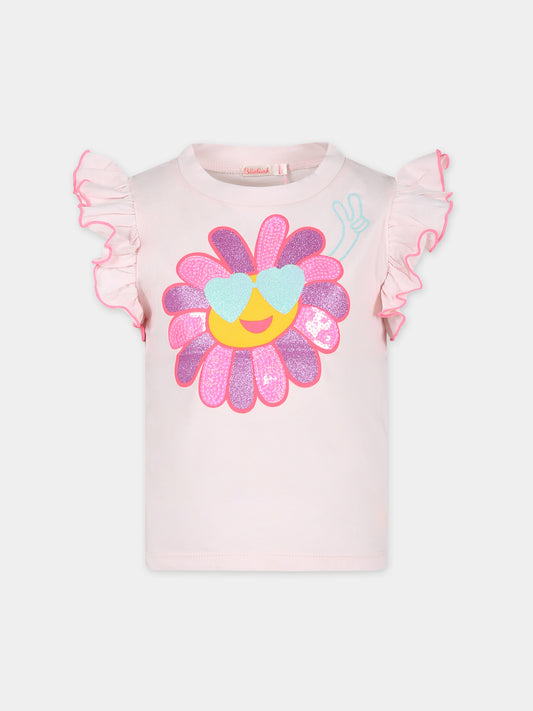 T-shirt rosa per bambina con fiore e paillettes,Billieblush,U20077 45S