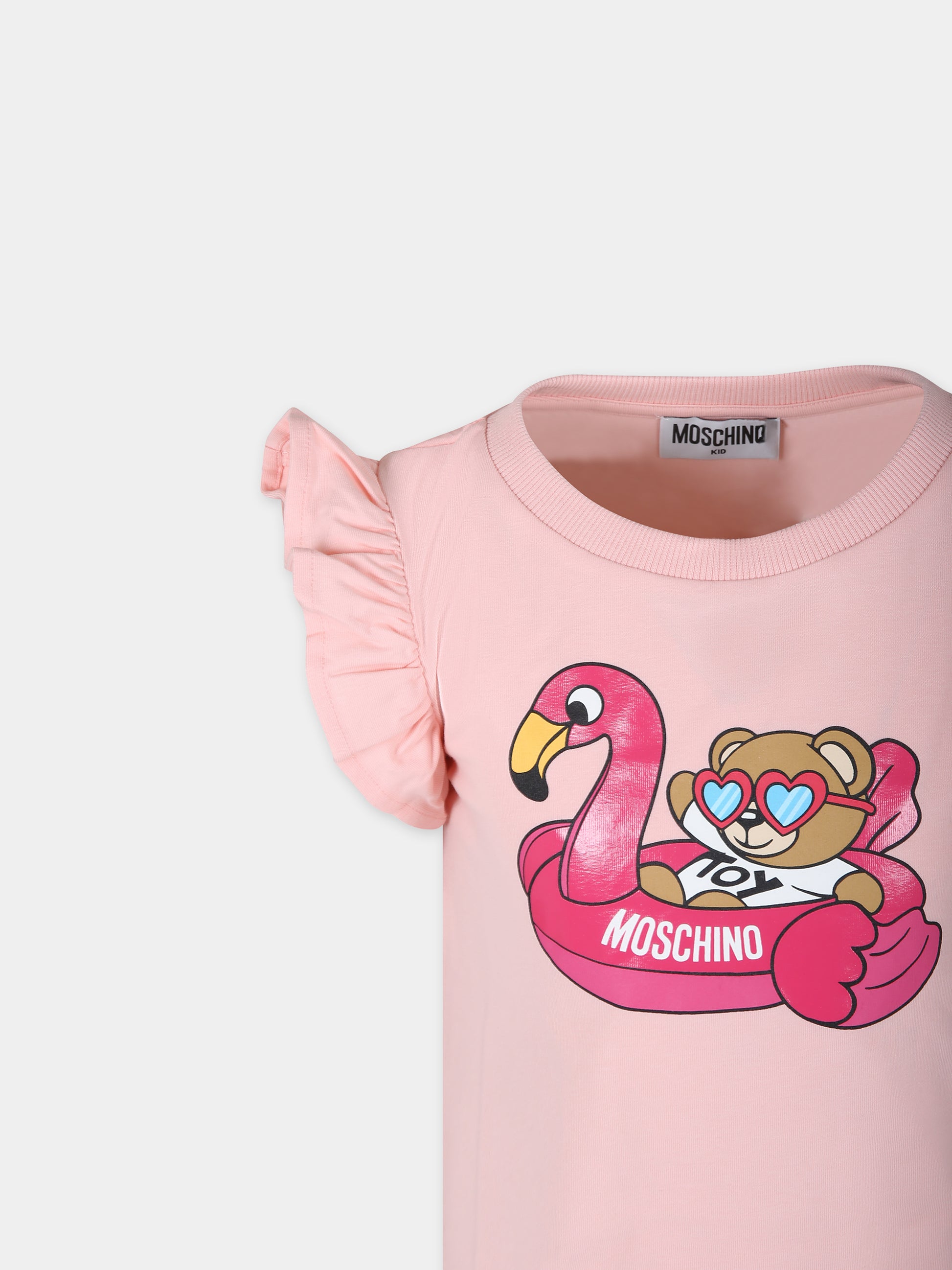 T-shirt rosa per bambina con Teddy Bear e fenicottero,Moschino Kids,HDM065 LBA10 50209