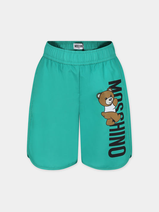 Boxer mare verde per bambino con Teddy Bear e logo,Moschino Kids,HUL01D LKA02 30321