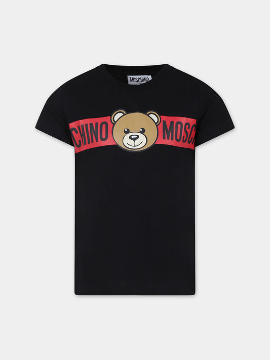 T-shirt nera per bambini con Teddy Bear e logo,Moschino Kids,HUM04Q LAA03 60100