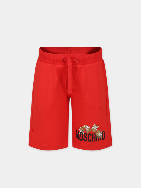 Shorts rossi per bambini con Teddy Bers e logo,Moschino Kids,HUQ01O LCA19 50109