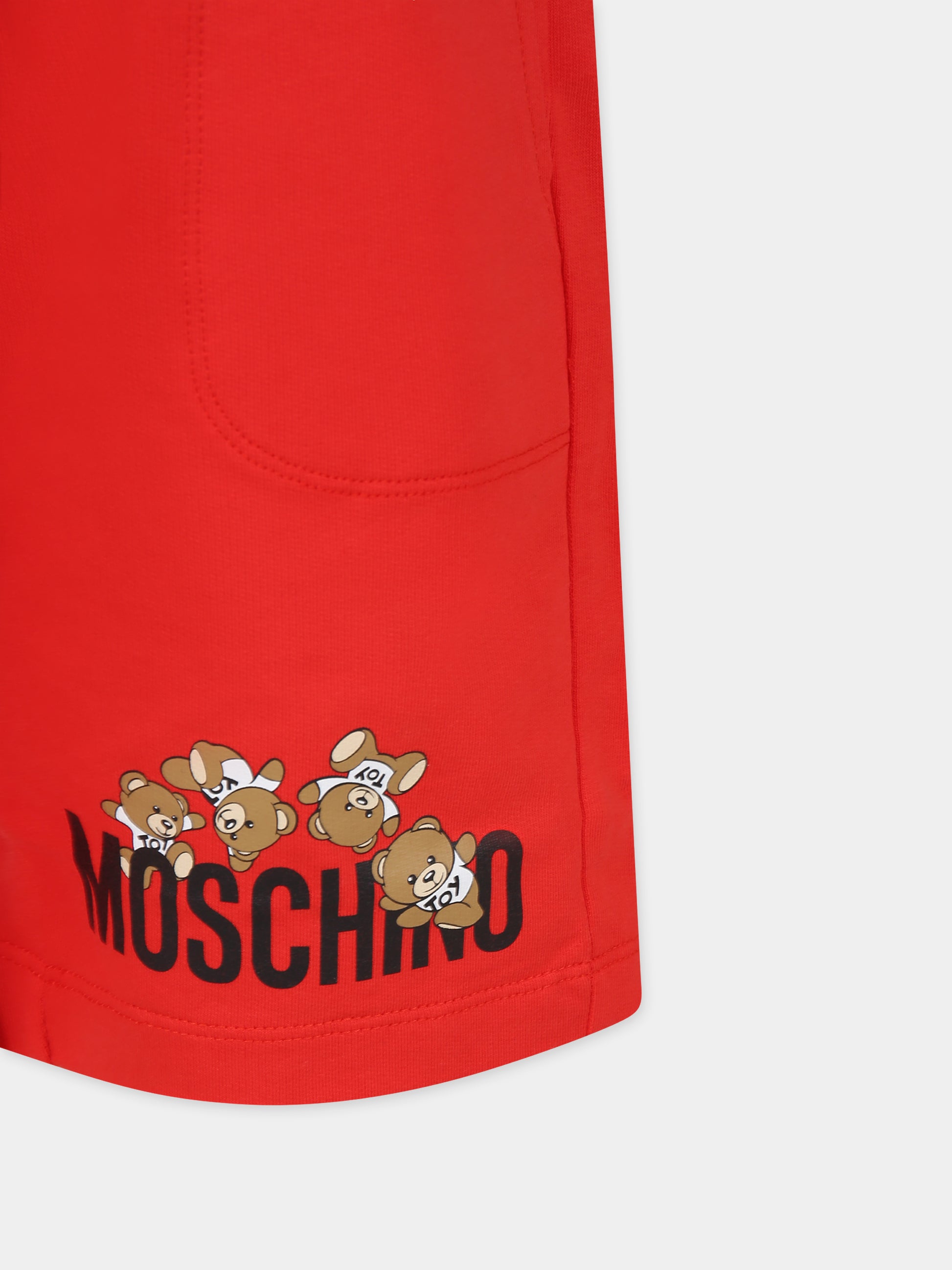 Shorts rossi per bambini con Teddy Bers e logo,Moschino Kids,HUQ01O LCA19 50109