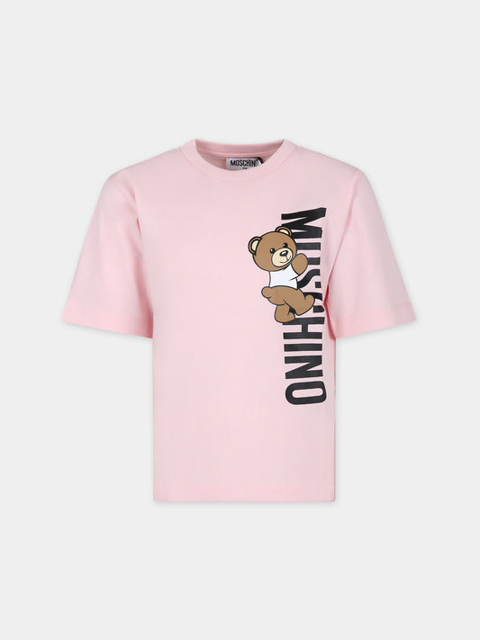 T-shirt rosa per bambina con Teddy Bear e logo,Moschino Kids,HVM03R LAA02 50209