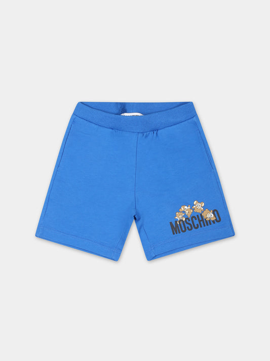 Shorts blu per neonato con Teddy Bears e logo,Moschino Kids,MNQ00N LCA19 40289