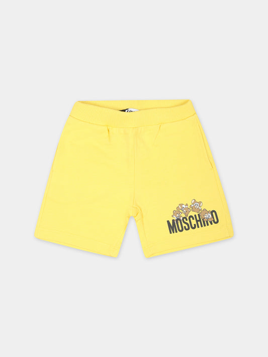 Shorts gialli per neonato con Teddy Bears e logo,Moschino Kids,MNQ00N LCA19 50162
