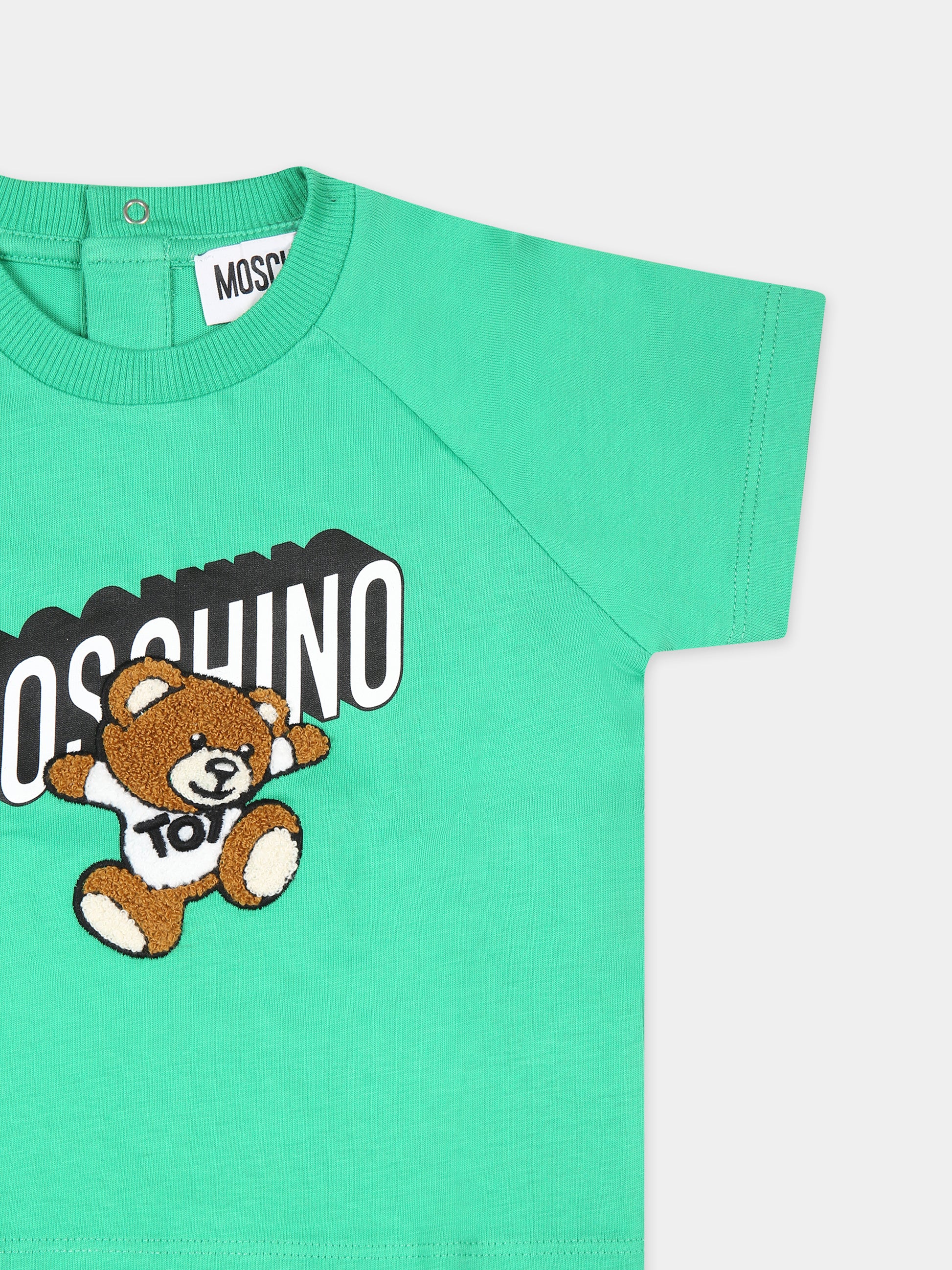 T-shirt verde per neonati con Teddy Bear e logo,Moschino Kids,MUM03Q LAA01 30321