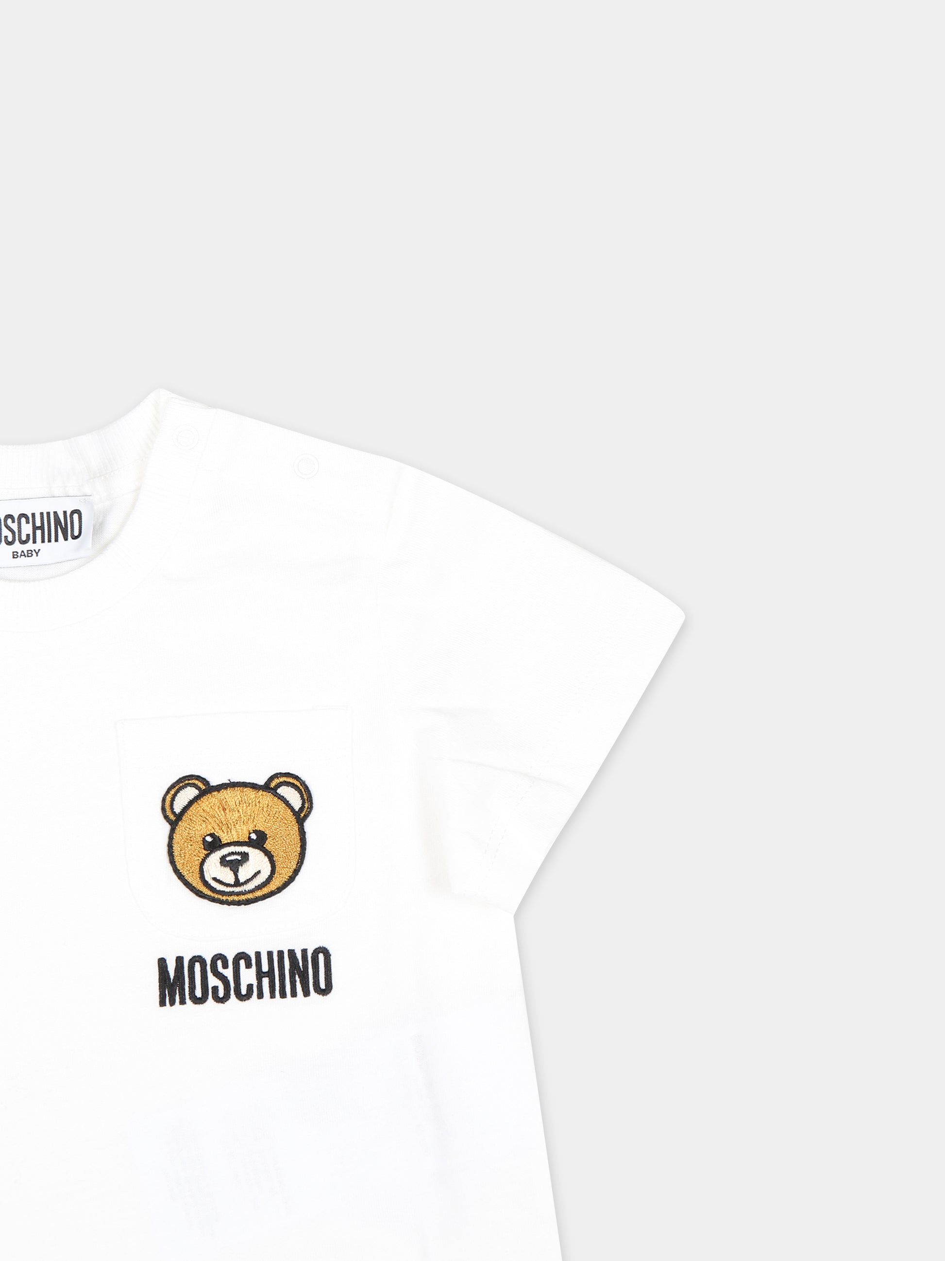T-shirt bianca per neonato con Teddy Bear e logo,Moschino Kids,MUM040 LAA23 10101