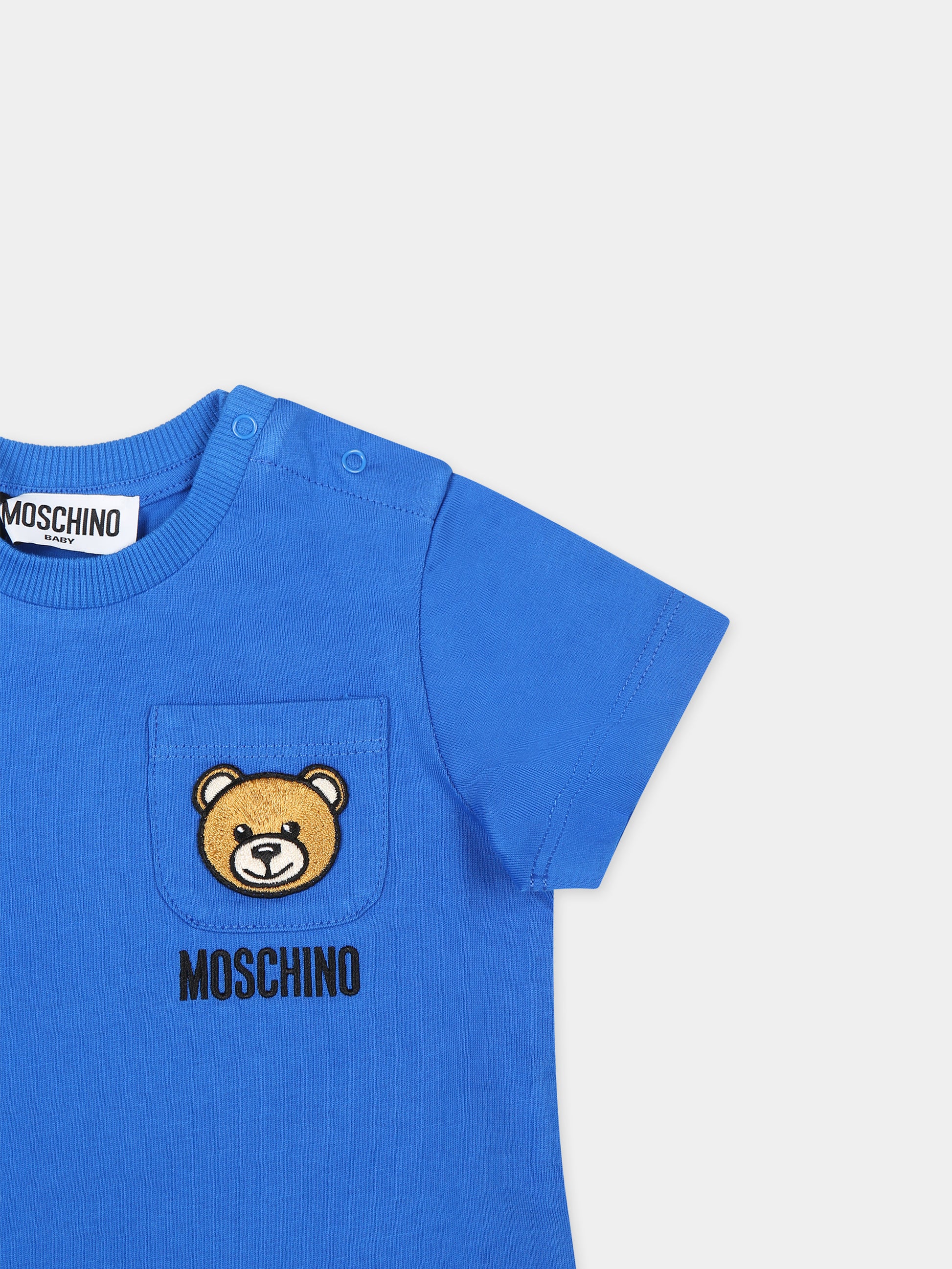 T-shirt blu per neonato con Teddy Bear e logo,Moschino Kids,MUM040 LAA23 40289