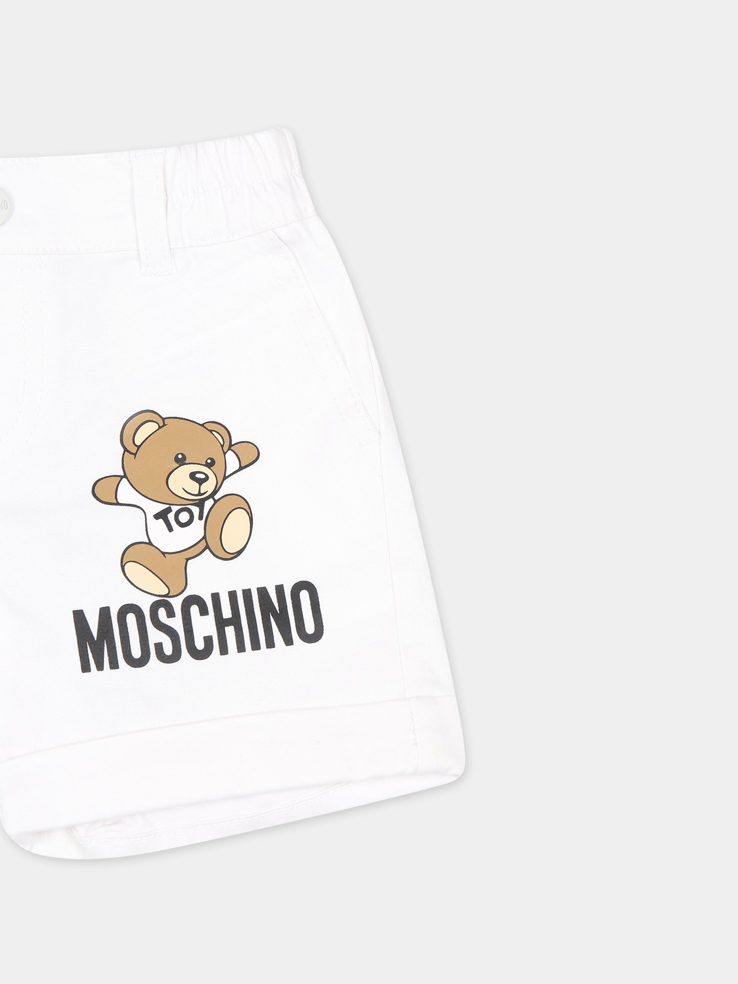 Shorts bianchi per neonato con Teddy Bear e logo,Moschino Kids,MUQ012 LPA01 10101
