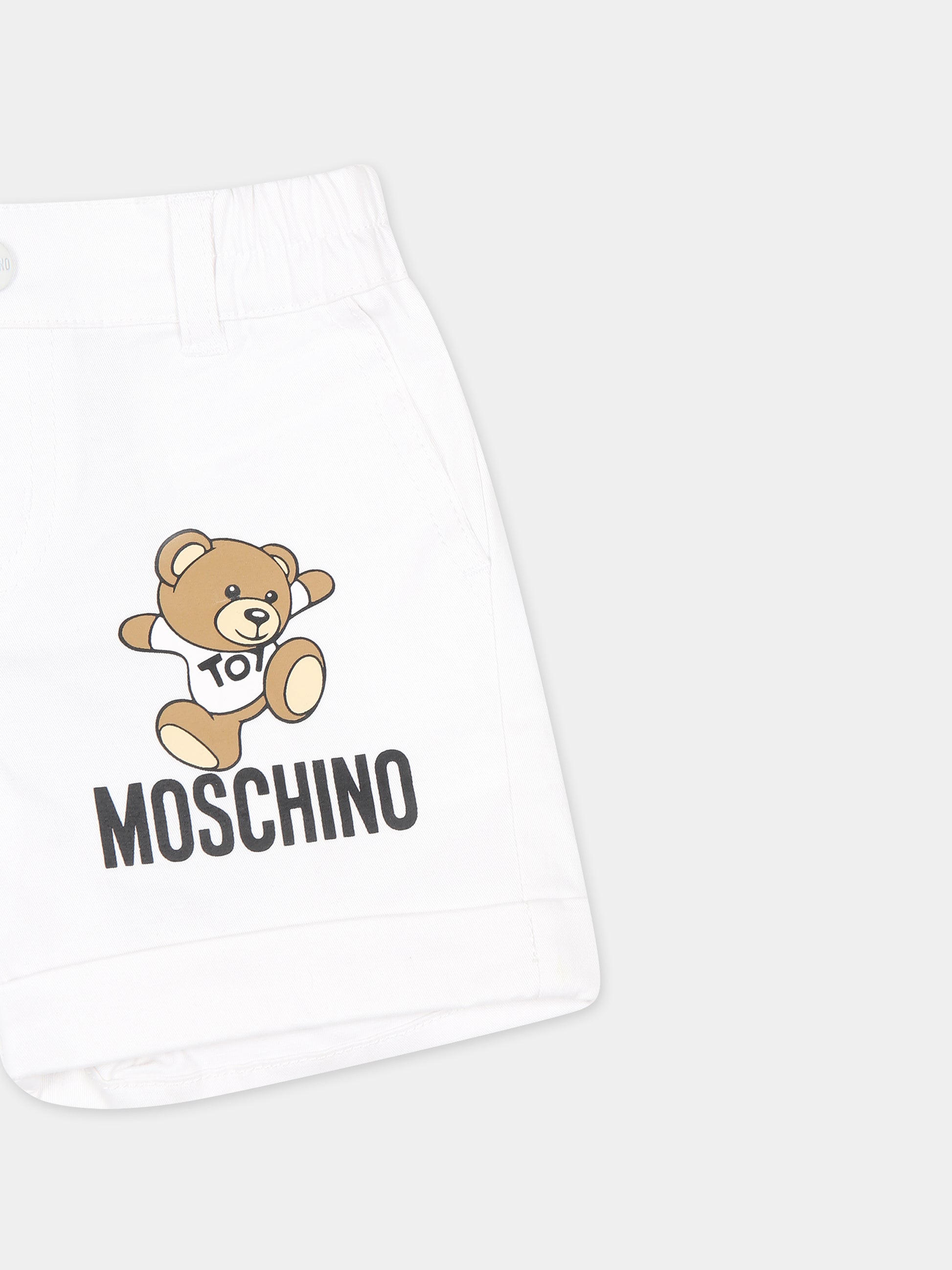 Shorts bianchi per neonato con Teddy Bear e logo,Moschino Kids,MUQ012 LPA01 10101