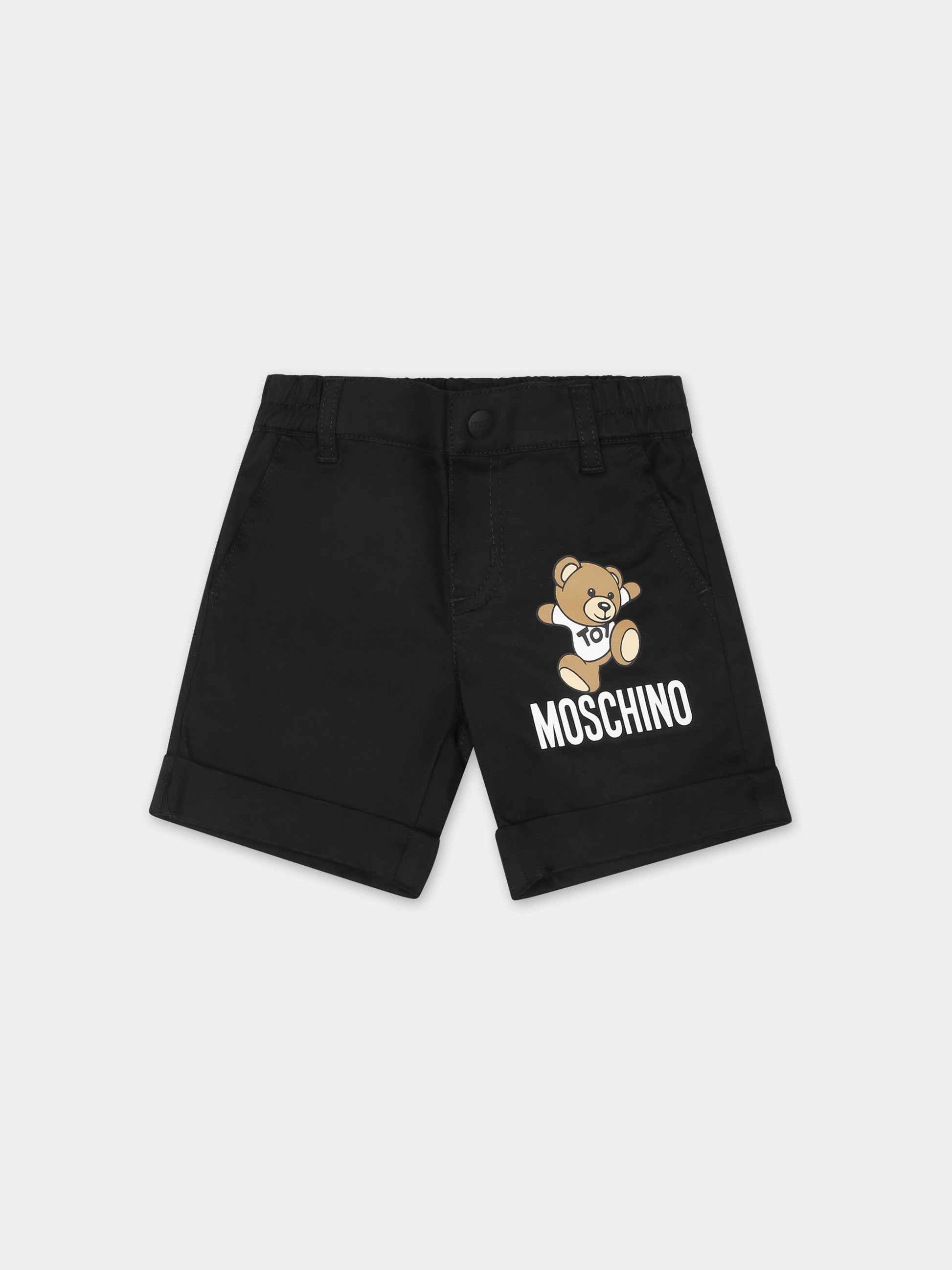 Shorts neri per neonato con Teddy Bear e logo,Moschino Kids,MUQ012 LPA01 60100