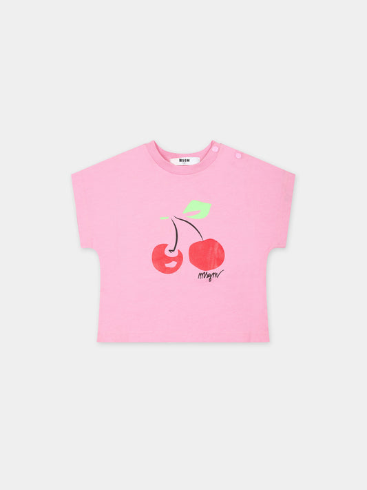 T-shirt rosa per neonata con stampa ciliegie,Msgm Kids,MS029371 042