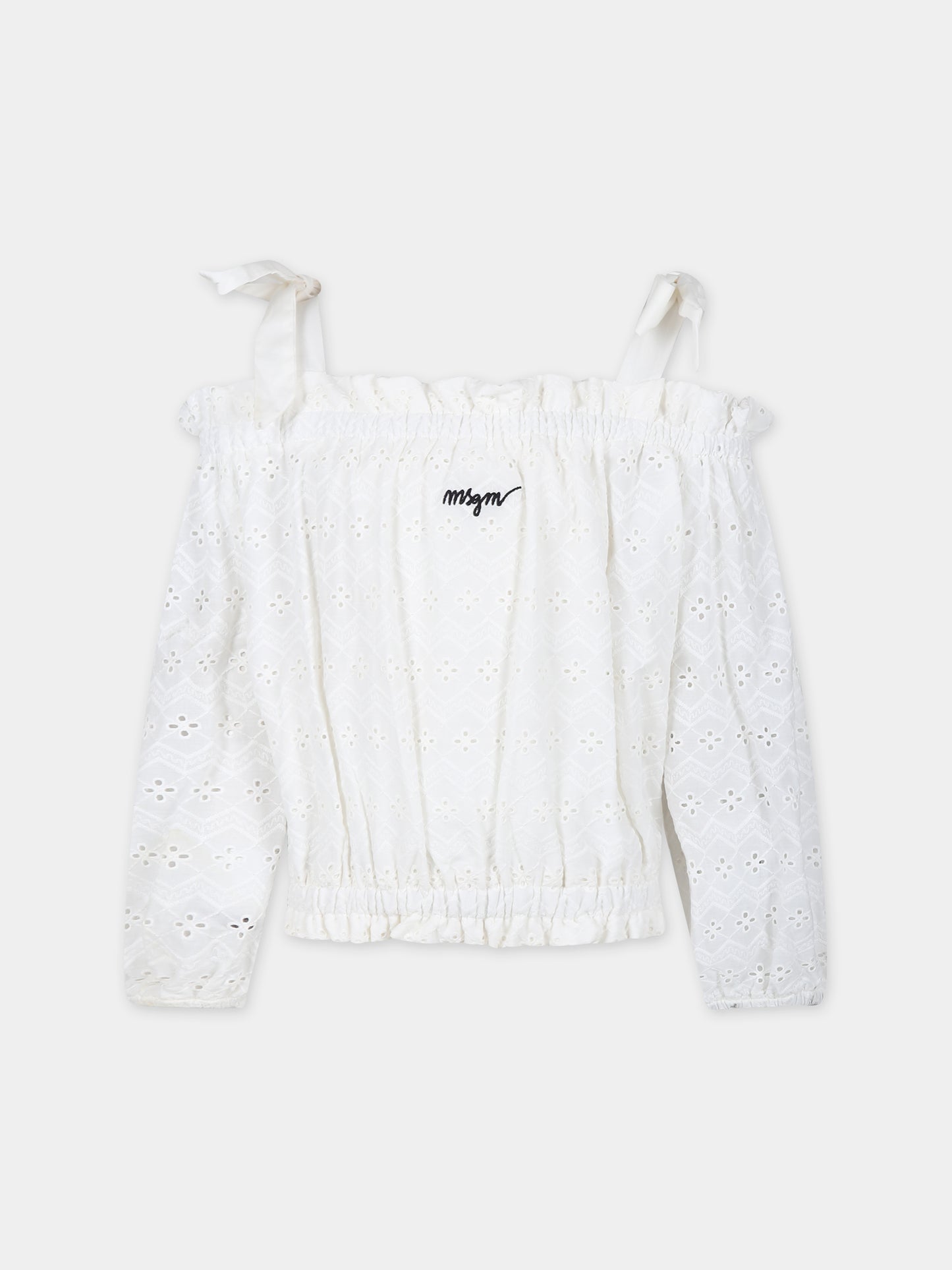 Top bianco per bambina con pizzo sangallo,Msgm Kids,MS029419 002