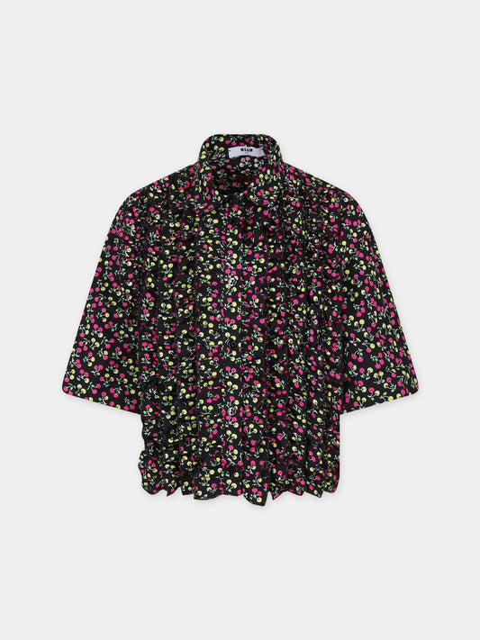 Camicia nera per bambina con stampa ciliegie,Msgm Kids,MS029421 200