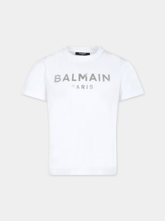 T-shirt bianca per bambino con logo,Balmain Kids,BS8R01 Z0082 100AG