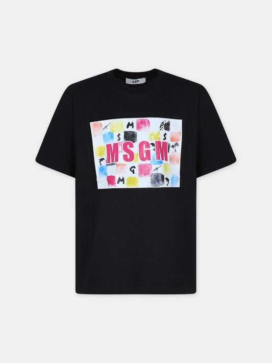 T-shirt nera per bambina con stampa grafica e logo,Msgm Kids,S4MSJGTH286 110