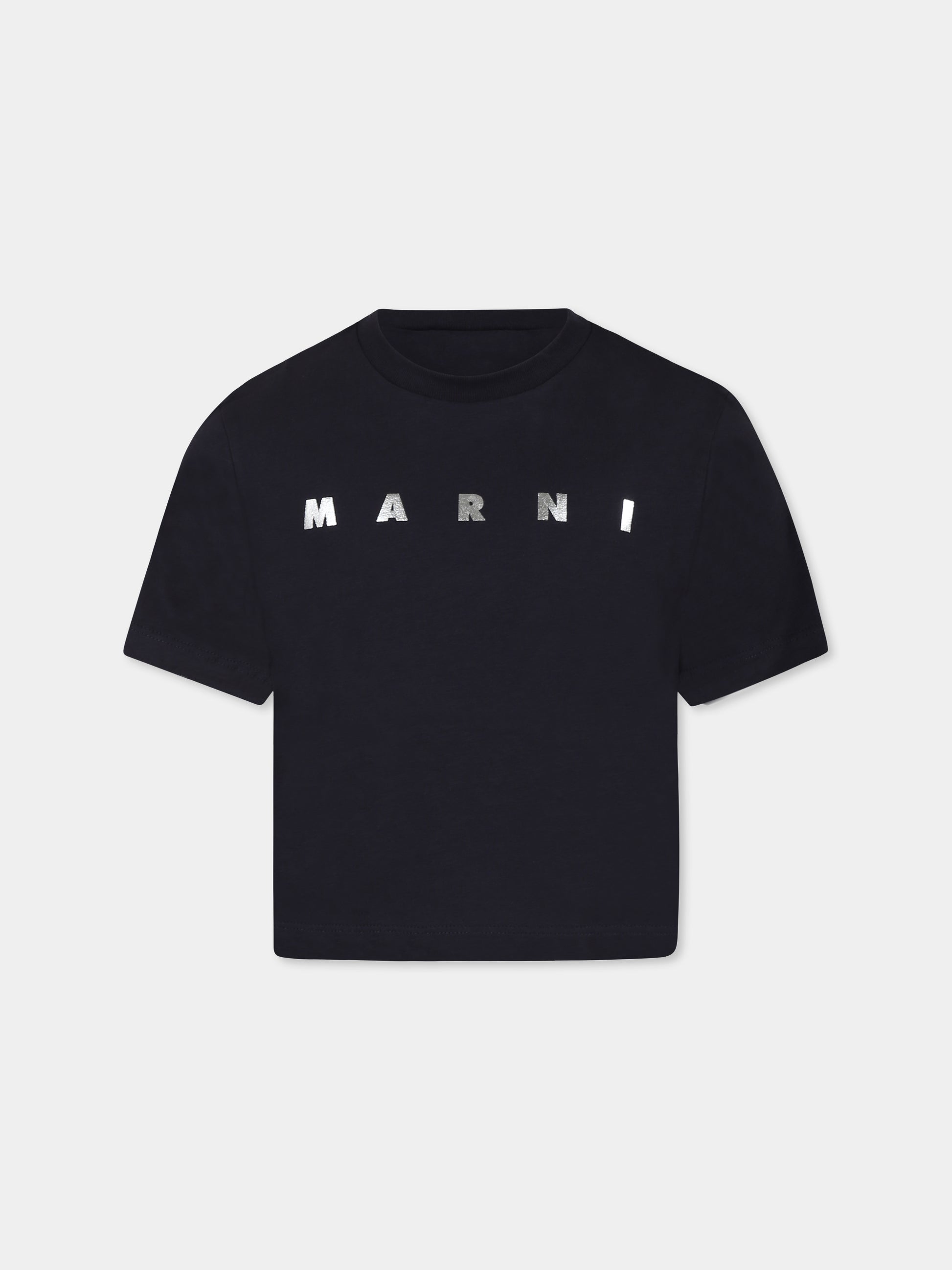 T-shirt blu crop per bambina con logo argentato metallizzato,Marni Kids,M01317 M00HZ MT256F 0M803