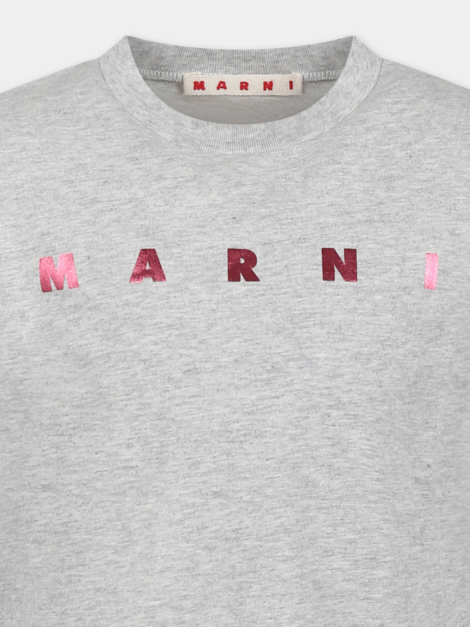 T-shirt grigia crop per bambina con logo fucsia metallizzato,Marni Kids,M01317 M00HZ MT256F 0M903