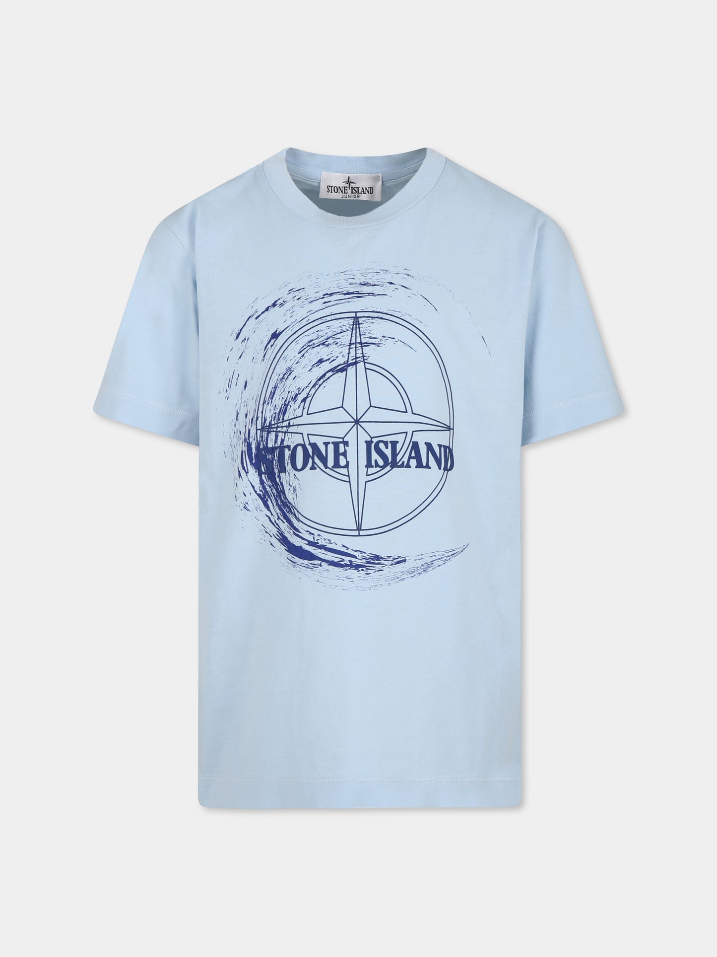 T-shirt celeste per bambino con logo e bussola,Stone Island Junior,801621072 V0040