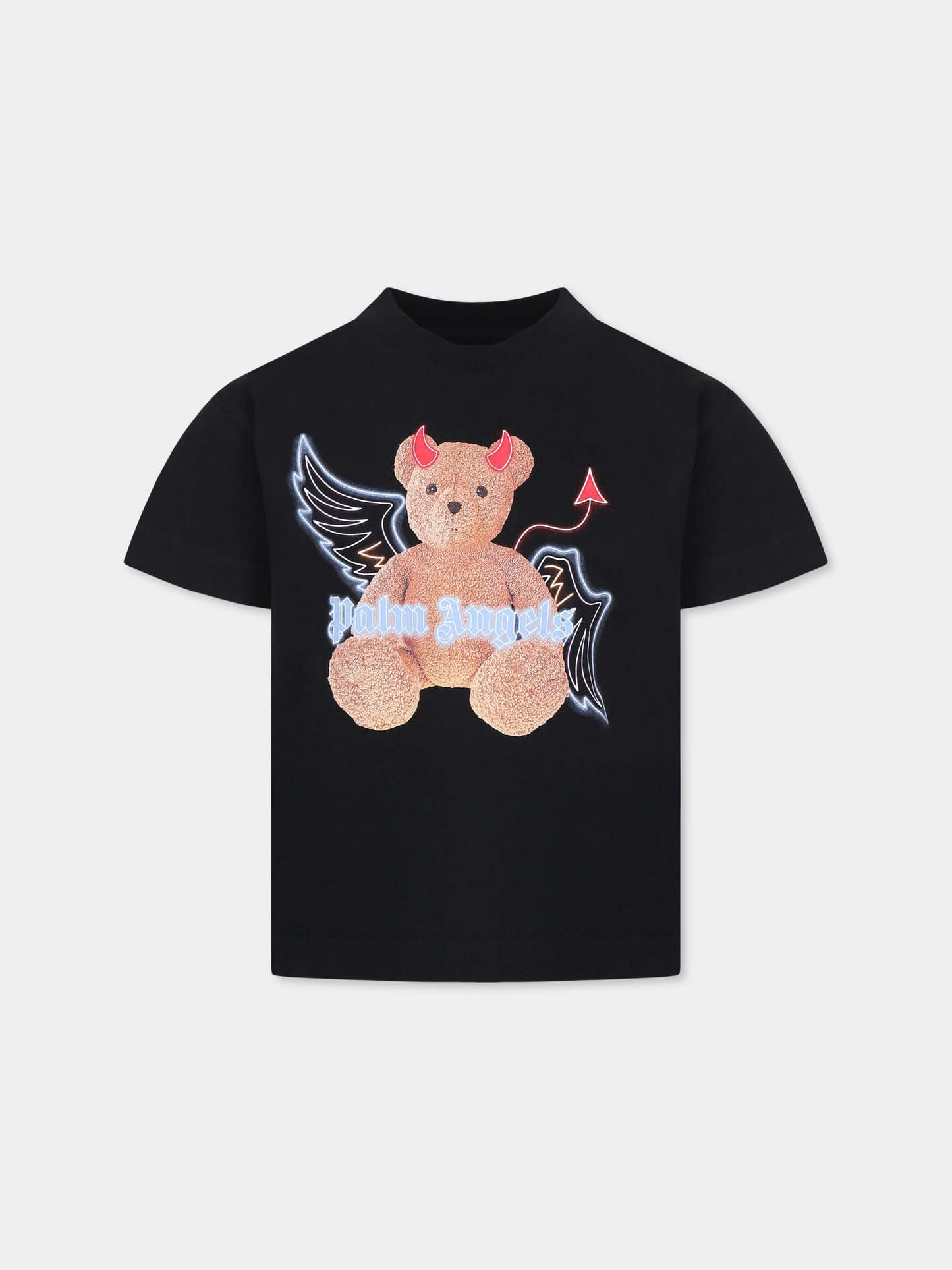 T-shirt nera per bambino con orsetto e logo,Palm Angels,PBAA003C99JER0071060