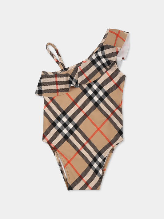Beige swimsuit for baby girl with vintage check