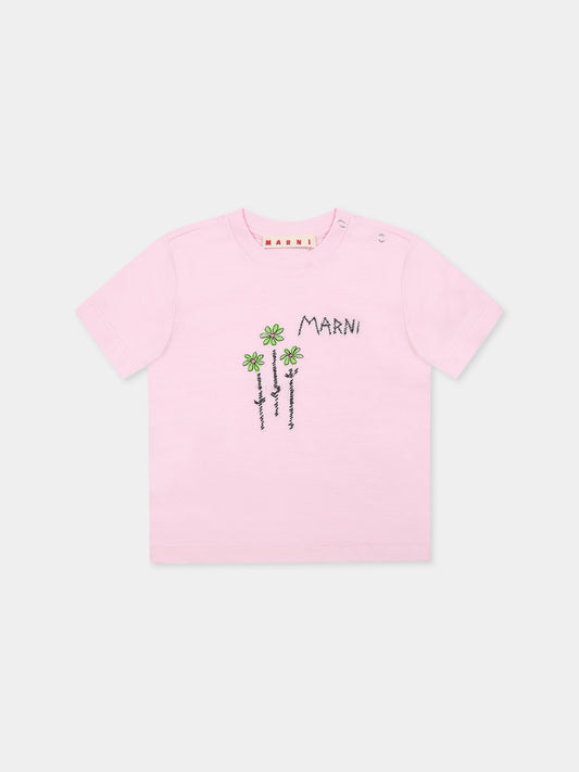 T-shirt rosa per neonata con logo e fiori,Marni Kids,M01435 M00RF MT262B 0M347