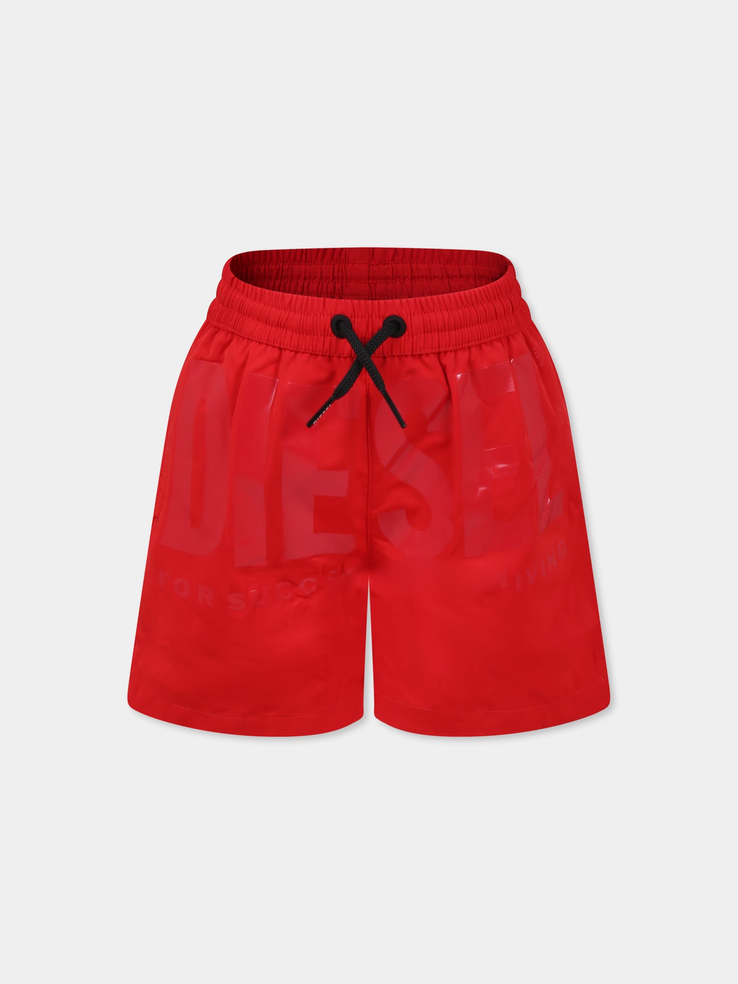 Red swim shorts for boy with logo