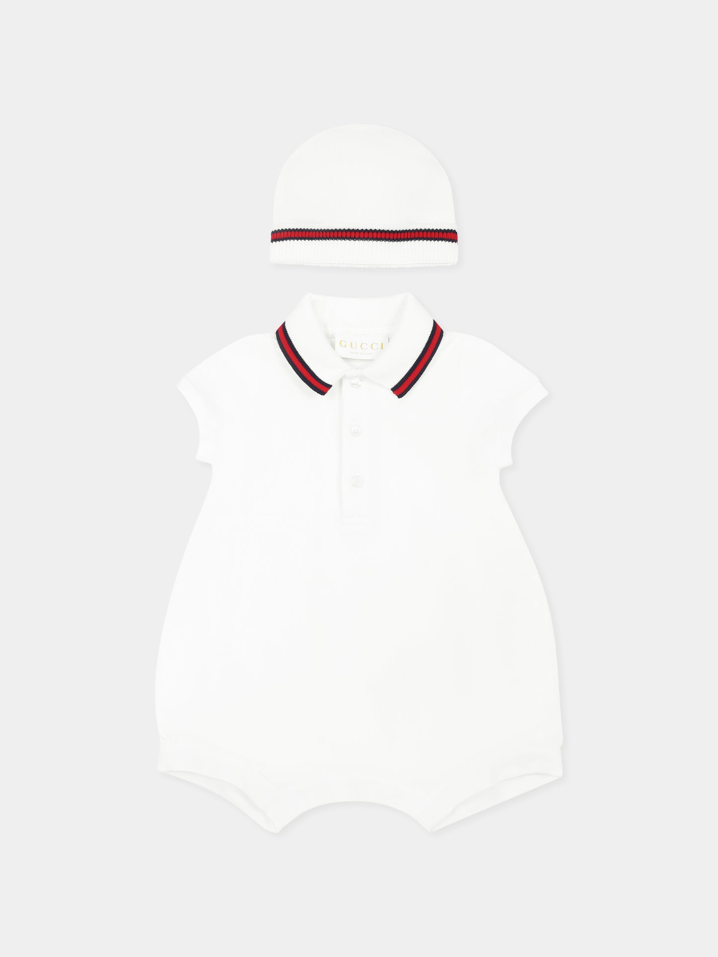 Set pagliaccetto bianco per neonato con dettaglio Web,Gucci Kids,810978 XJGXV 9250