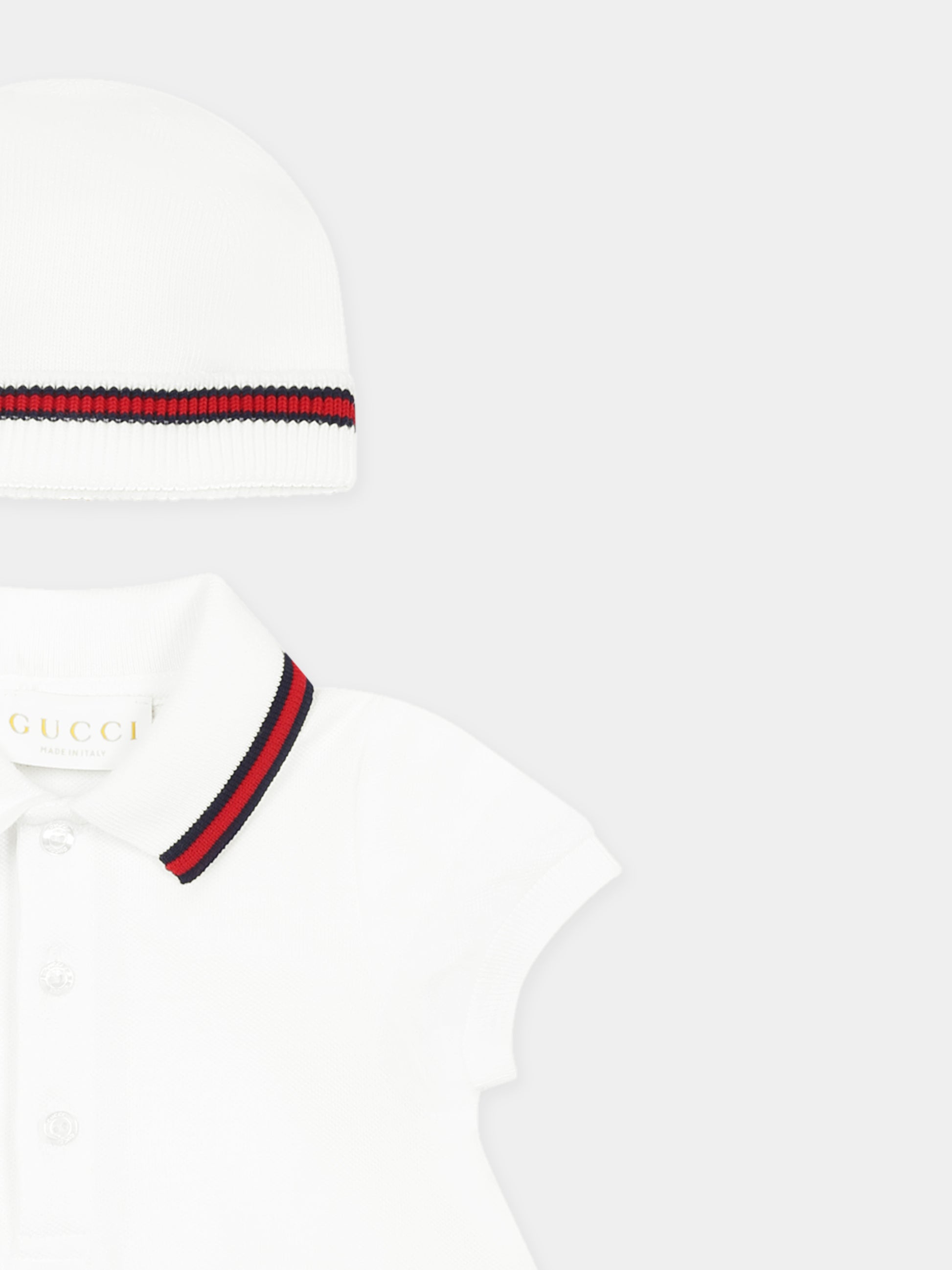 Set pagliaccetto bianco per neonato con dettaglio Web,Gucci Kids,810978 XJGXV 9250