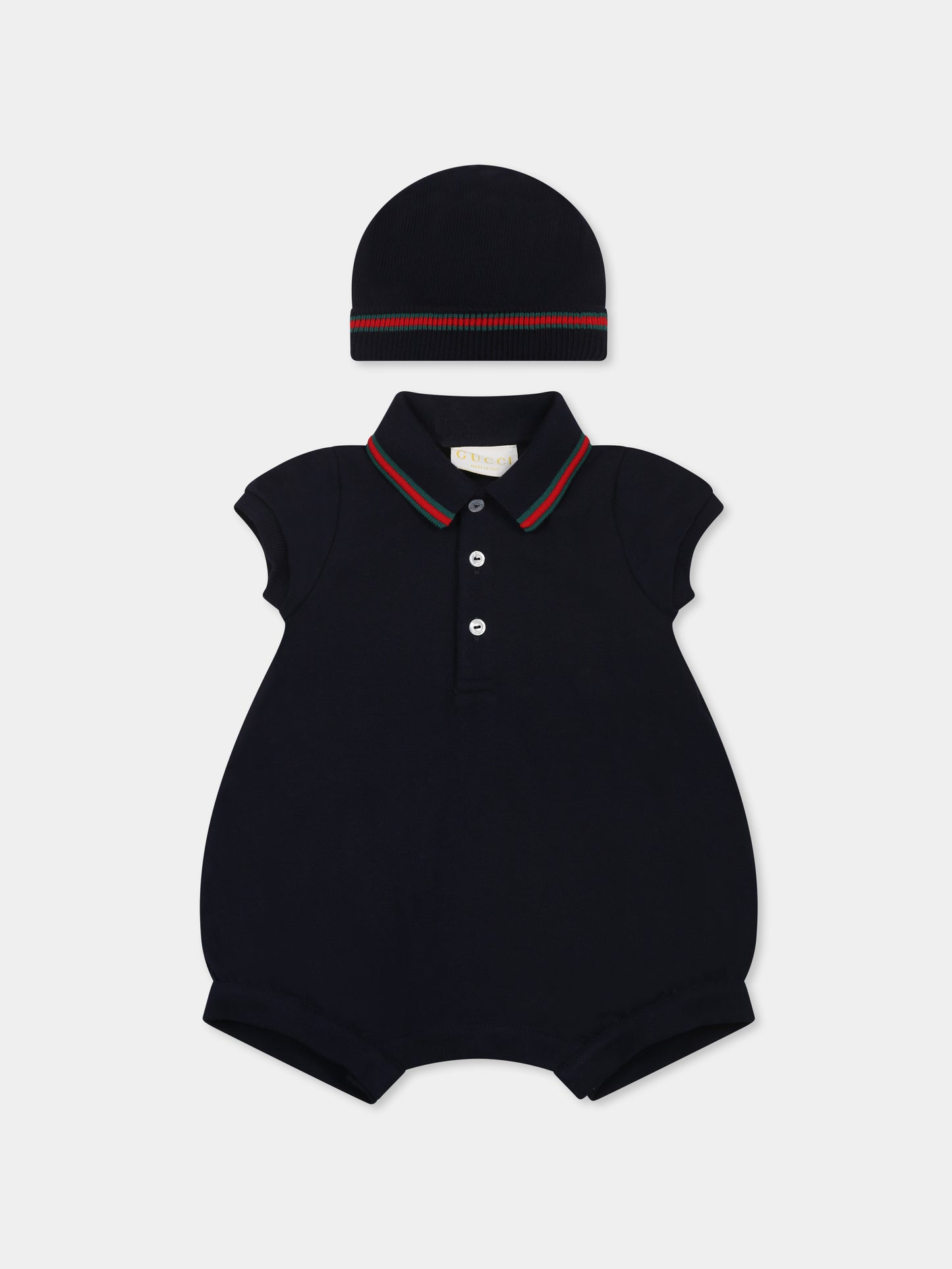 Set pagliaccetto blu per neonato con dettaglio Web,Gucci Kids,810978 XJGXV 4306