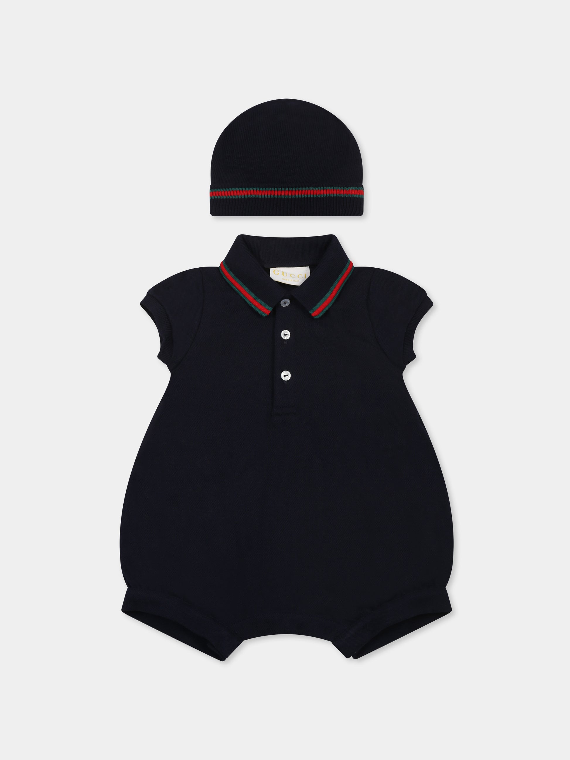 Set pagliaccetto blu per neonato con dettaglio Web,Gucci Kids,810978 XJGXV 4306