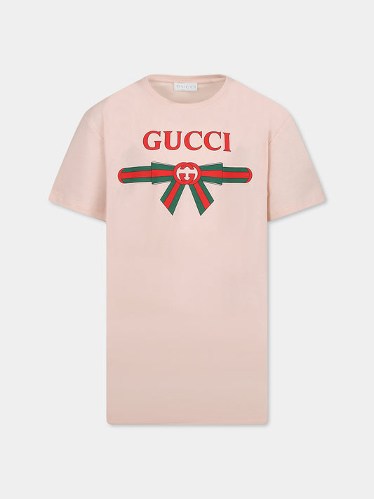 T-shirt rosa per bambina con incrocio GG e fiocco Web,Gucci Kids,610190 XJG0K 6341